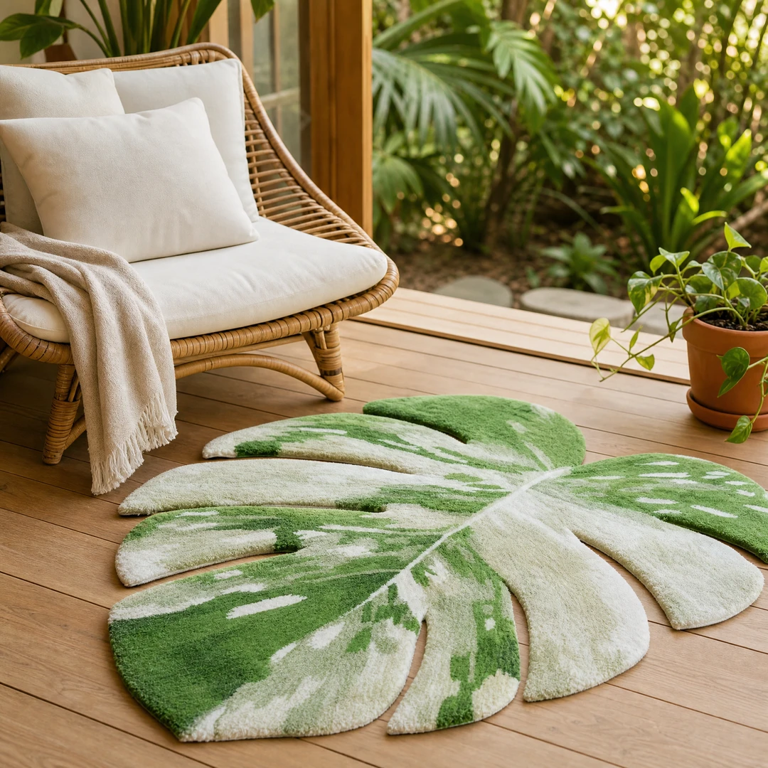 Hand-Tufted Monstera Leaf Rug - Balcony Scene