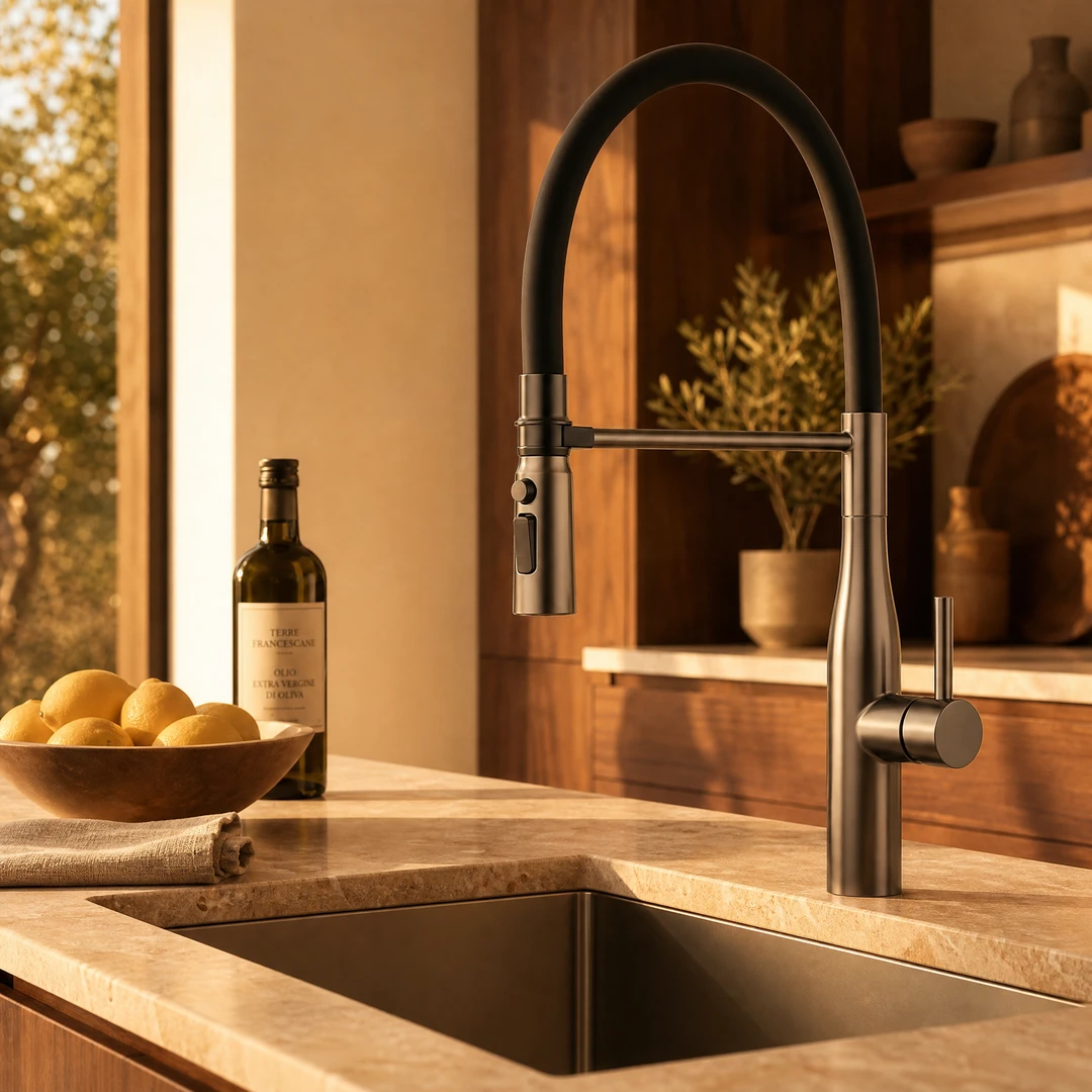 Magnetic Italian Kitchen Faucet — Golden Hour Kitchen Scene