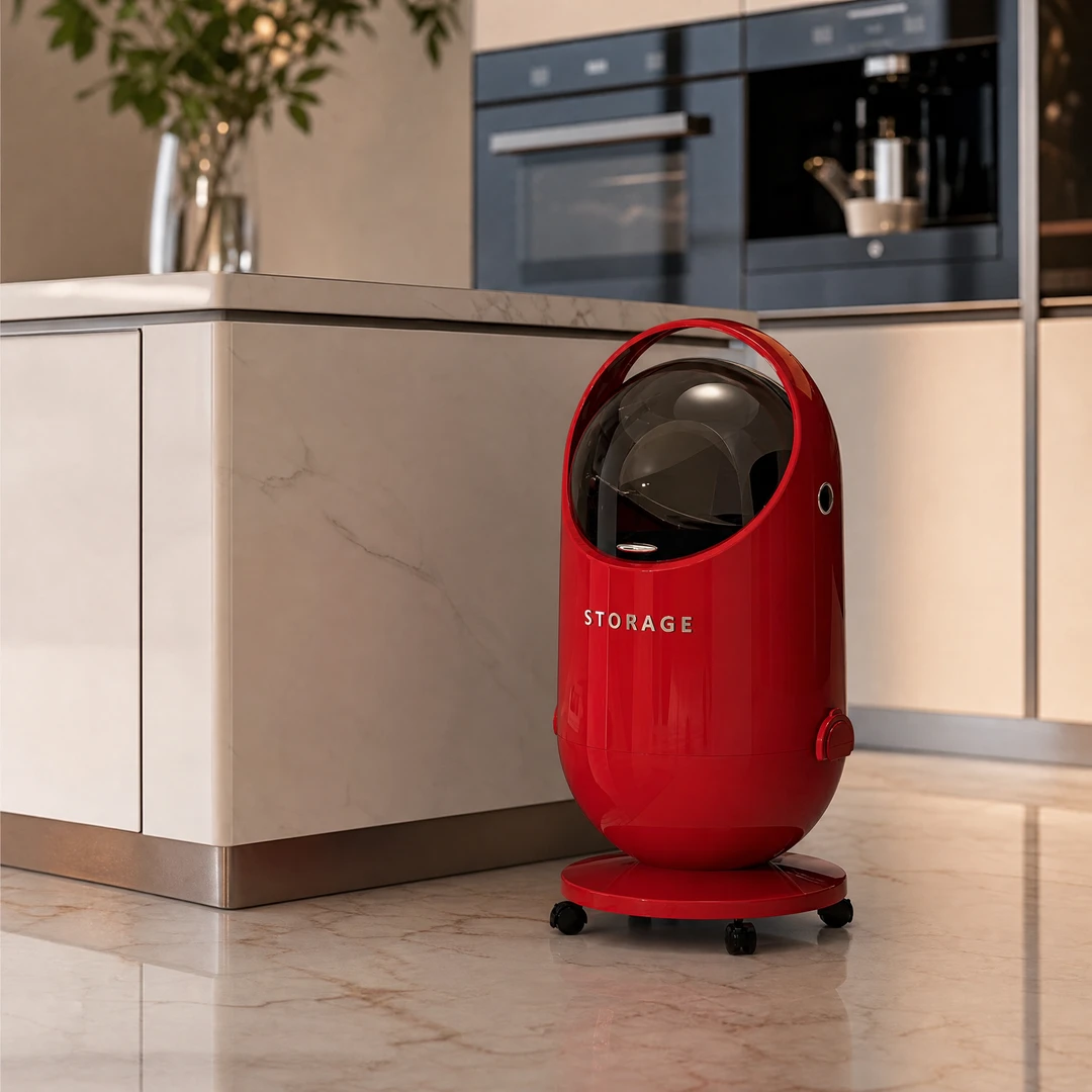 Round Wheeled Trash Can - Kitchen Scene