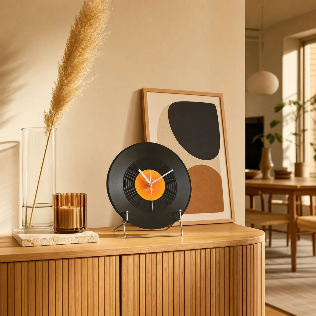 Retro vinyl desktop clock on fluted oak sideboard with pampas grass and abstract art