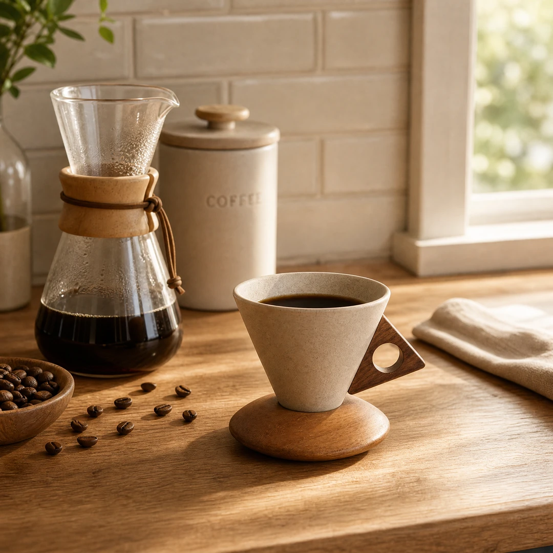 Cone Coffee Cups with Wood Base - Kitchen Counter Scene