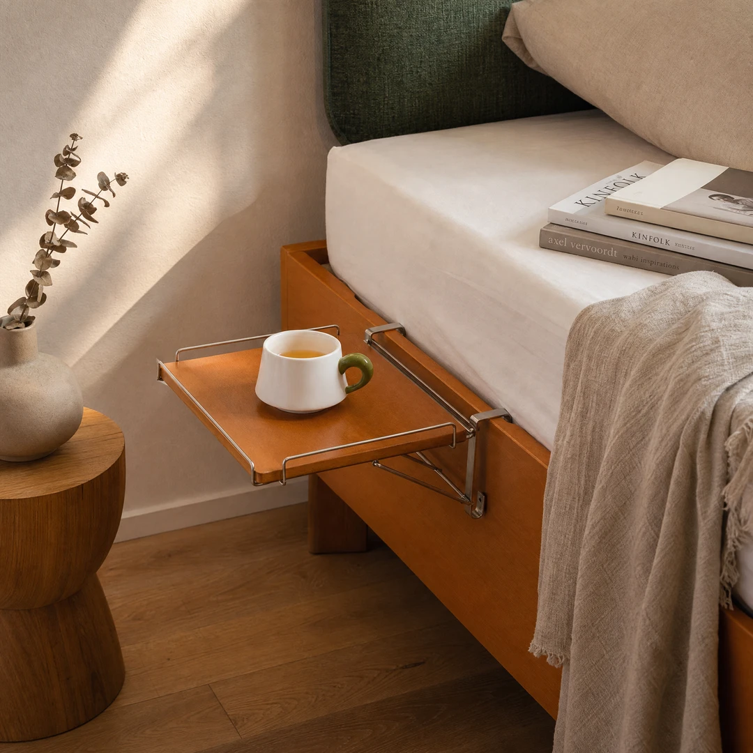Honey Beech Folding Bedside Shelf - Morning bedroom scene with tea cup