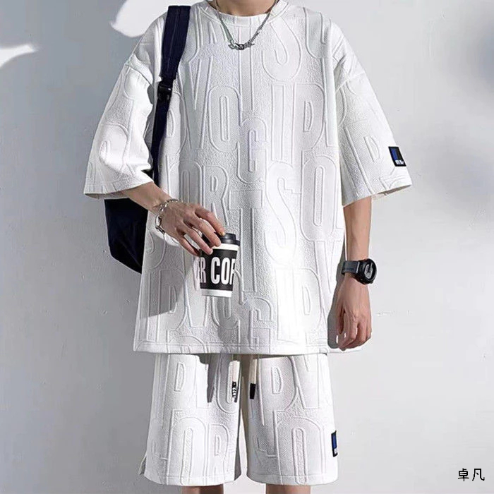 有衡U-HENG男士大碼休閑短袖套裝 夏季寬松大碼華夫格運動短褲二件 圓領透氣潮流套裝 大碼套裝 男士衣服短褲兩件套