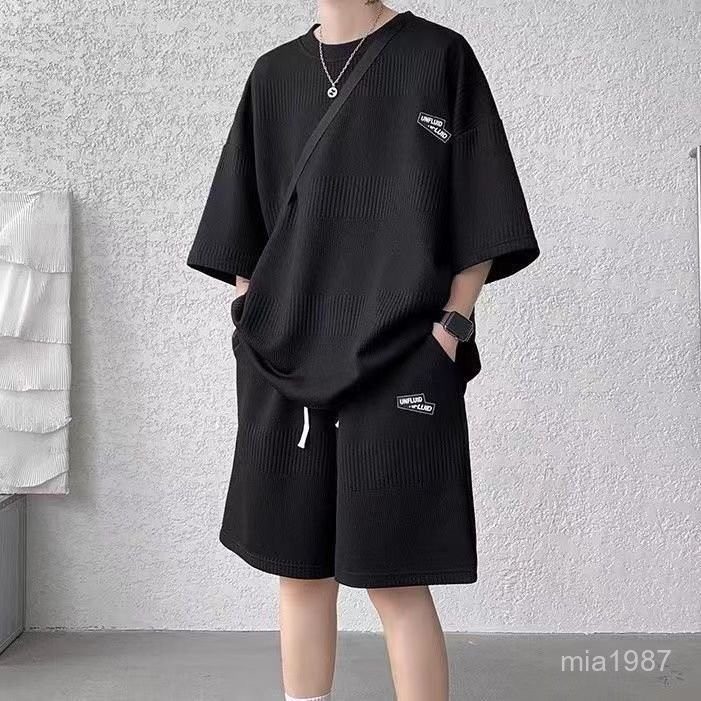 有衡U-HENG短袖短褲套裝男士休閒夏季時尚寬鬆運動大碼高級重磅一套搭配痞帥