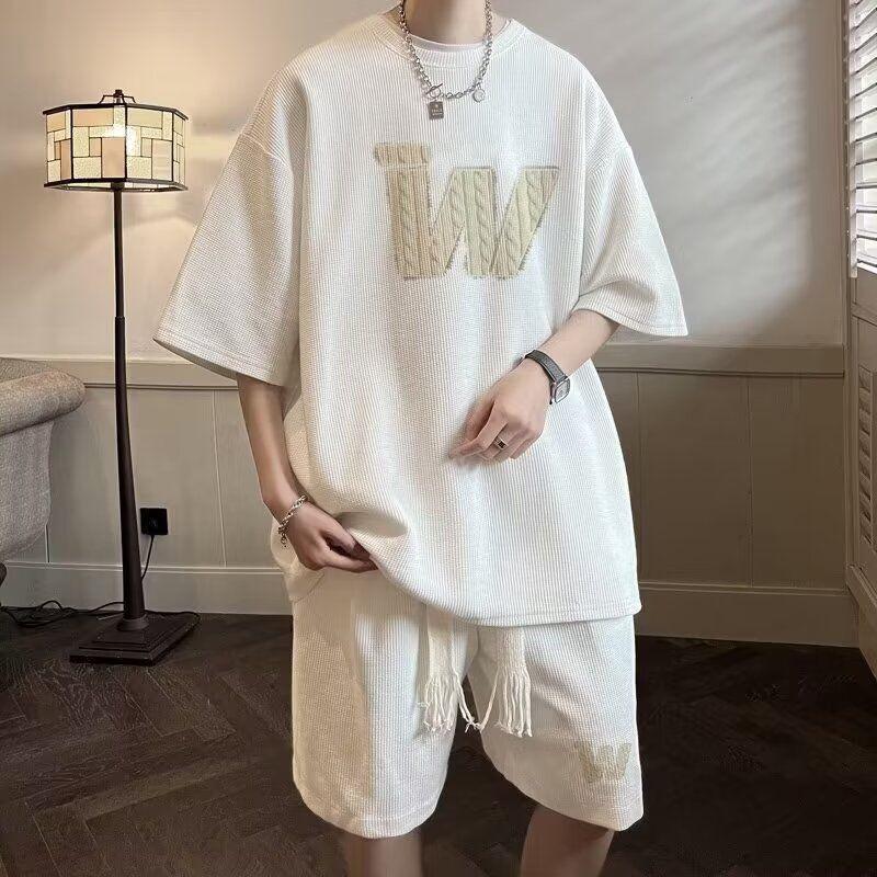 有衡U-HENG夏季短袖t恤套裝青少年學生華夫格休閒潮流ins痞帥氣男裝一套搭配
