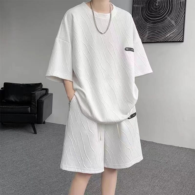 有衡U-HENG高級套裝男士夏季i時尚休閒重磅提花寬鬆潮牌運動短袖短褲兩件套