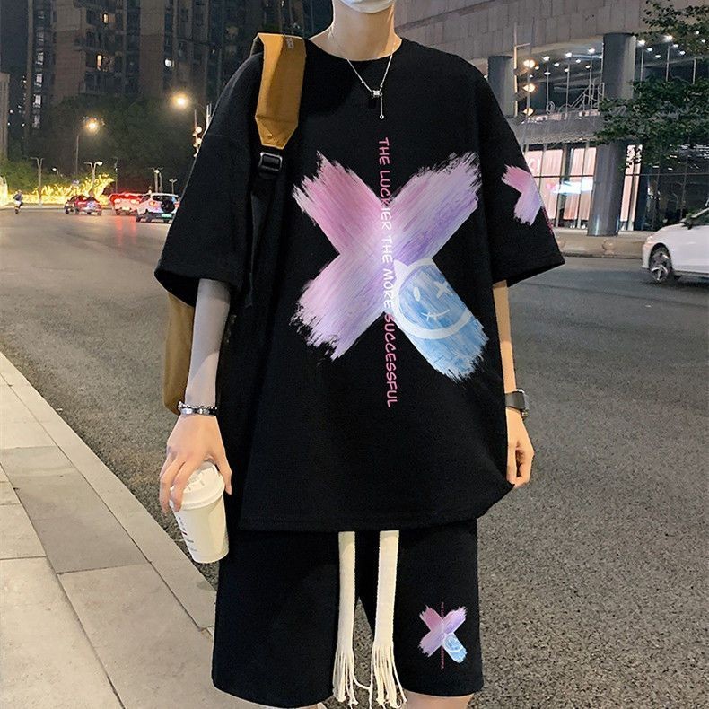 有衡U-HENG港風一整套日系高街頭嘻哈短袖套裝男五分短褲情侶裝休閒運動套裝