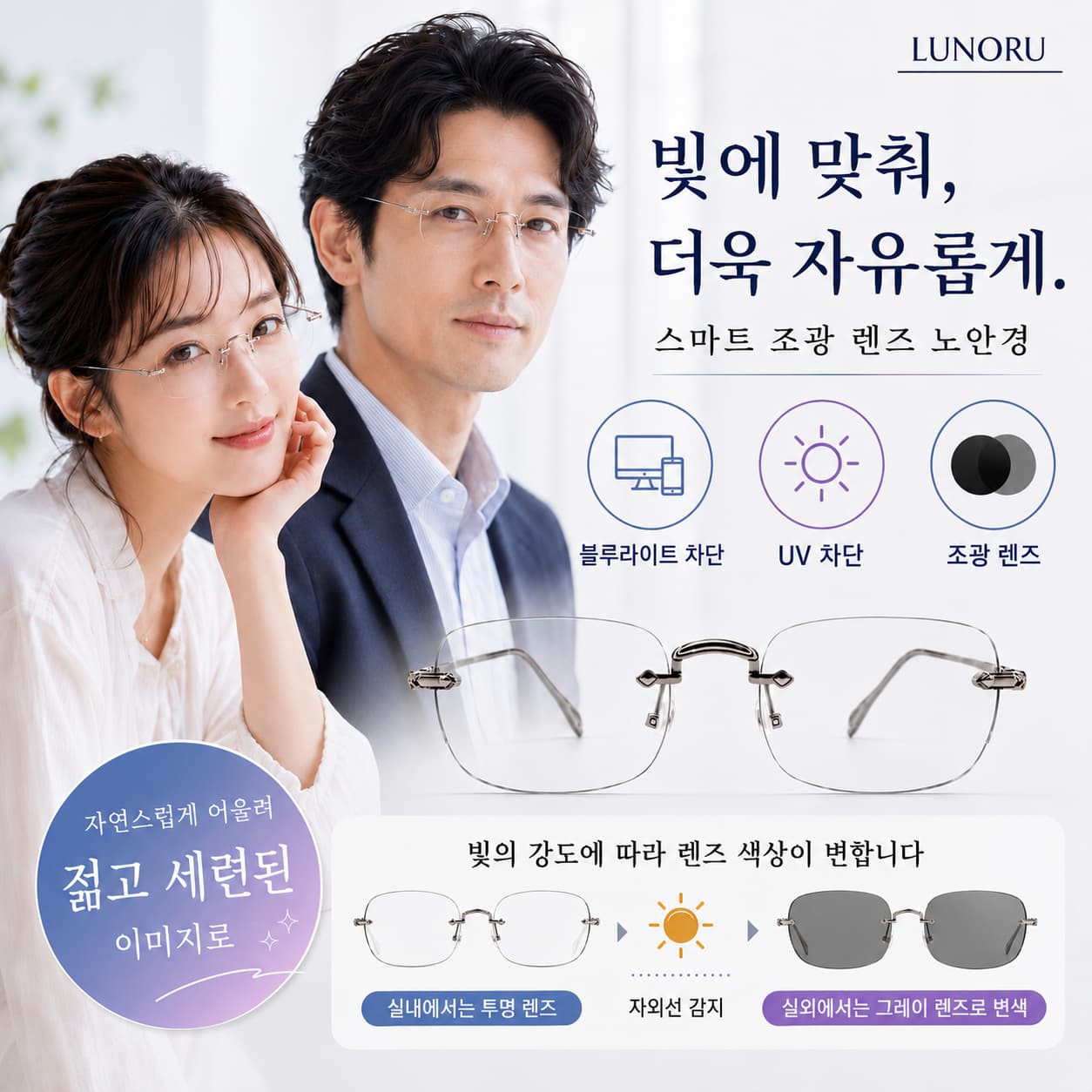 LUNORU 여성용 블루라이트 차단 변색 편광 UV 차단 돋보기안경