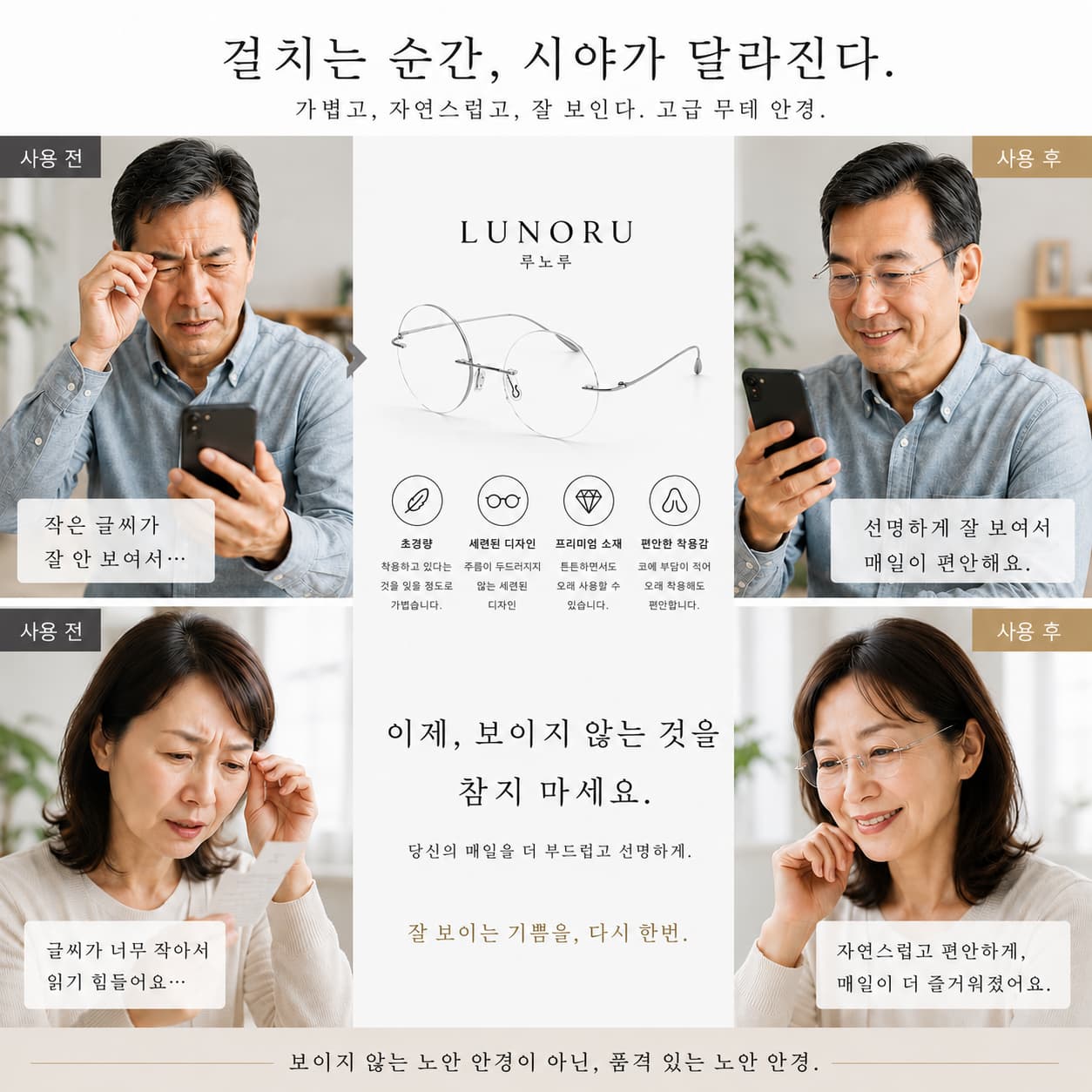 LUNORU 초경량 무테 원형 돋보기안경 블루라이트 차단 패션 리딩글라스