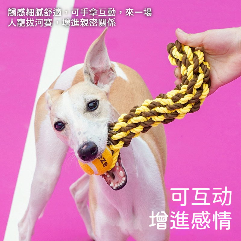 耐咬潔齒繩玩具｜狗狗磨牙拔河網球玩具｜紓壓解悶互動訓練玩具
