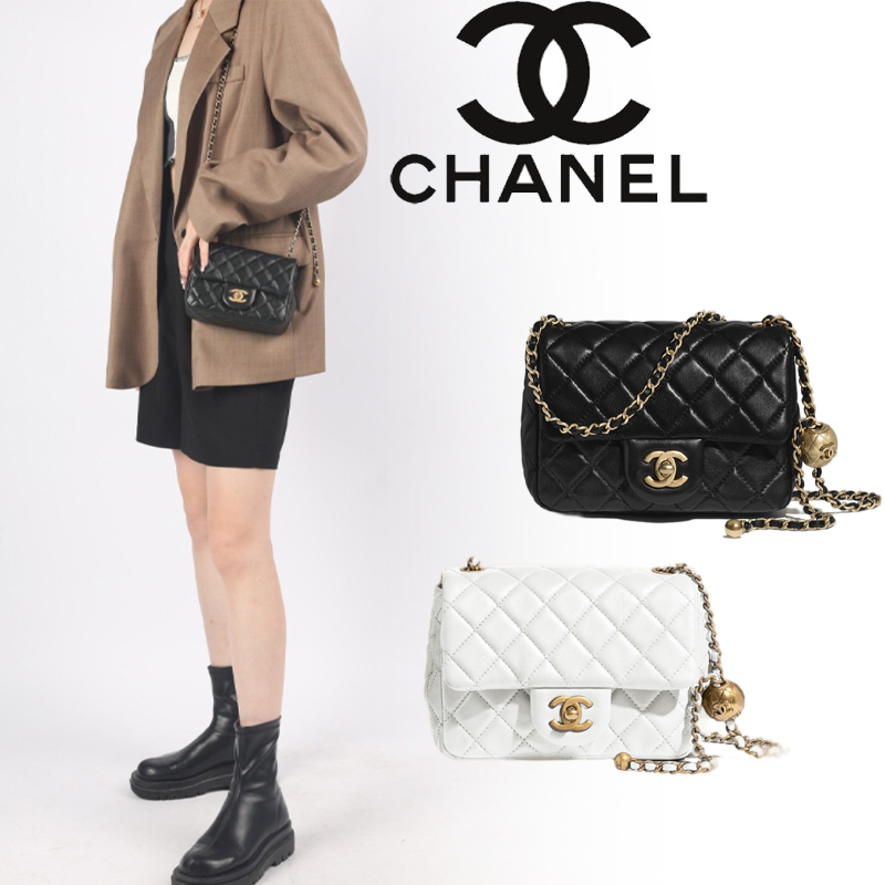 CHANEL★(大人気で即完売)小さい金のボール、定番の菱形金ボタンチェーンストラップ調節可能、羊革、斜め掛けショルダーバッグ、ミニ、レディース、ブラック、ホワイト