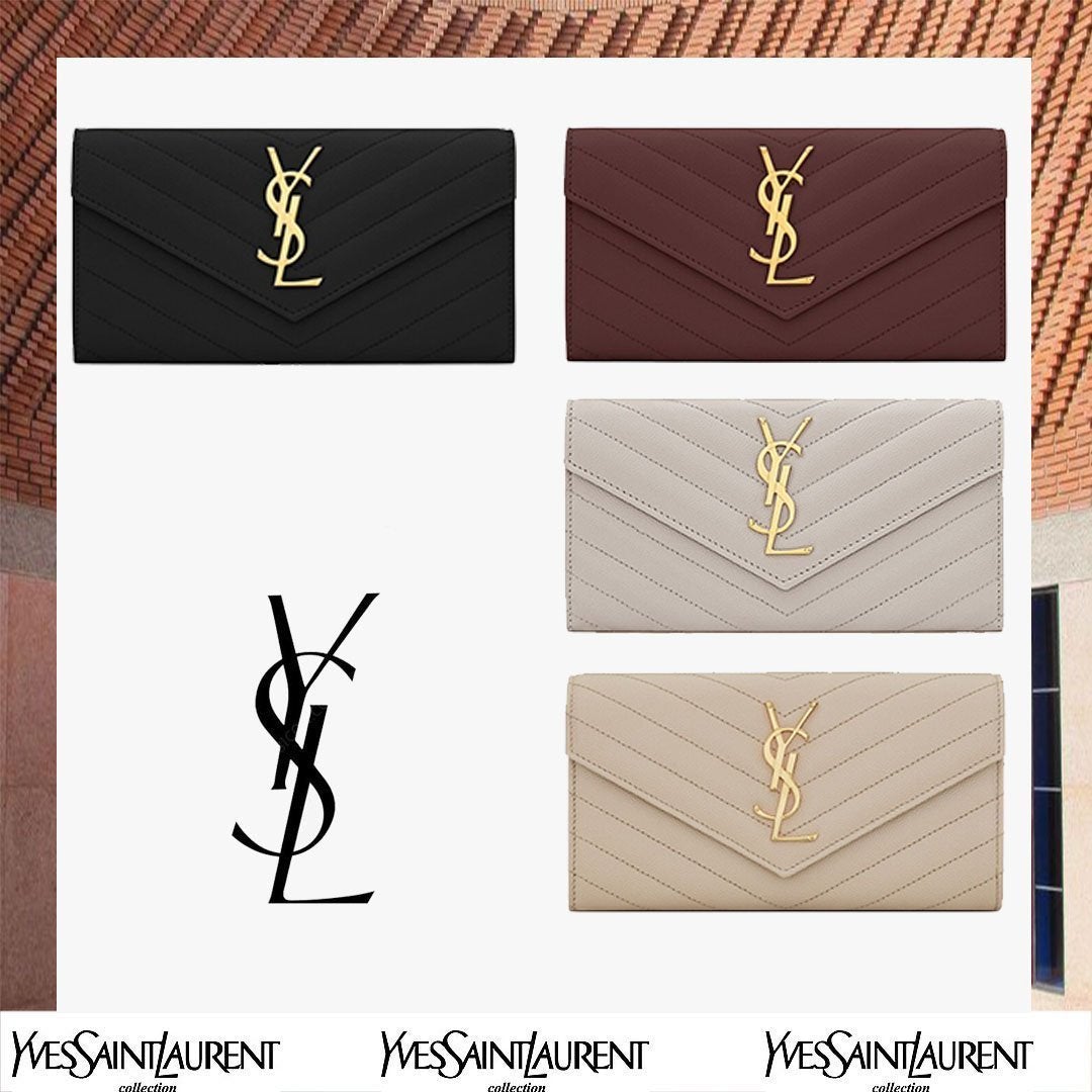 YSL大きな文字のロゴがエンボス加工革財布をきめ