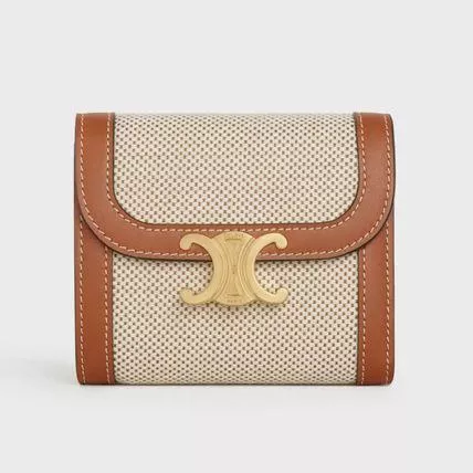 【CELINE 】セリーヌ 凱旋門 ゴールドバックル 二つ折り キャンバス レザー 財布 レディーススモールウォレット トリオンフ / テキスタイル＆カーフスキンナチュラル / タン