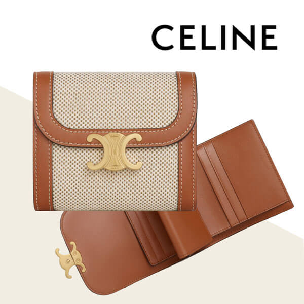 【CELINE 】セリーヌ 凱旋門 ゴールドバックル 二つ折り キャンバス レザー 財布 レディーススモールウォレット トリオンフ / テキスタイル＆カーフスキンナチュラル / タン