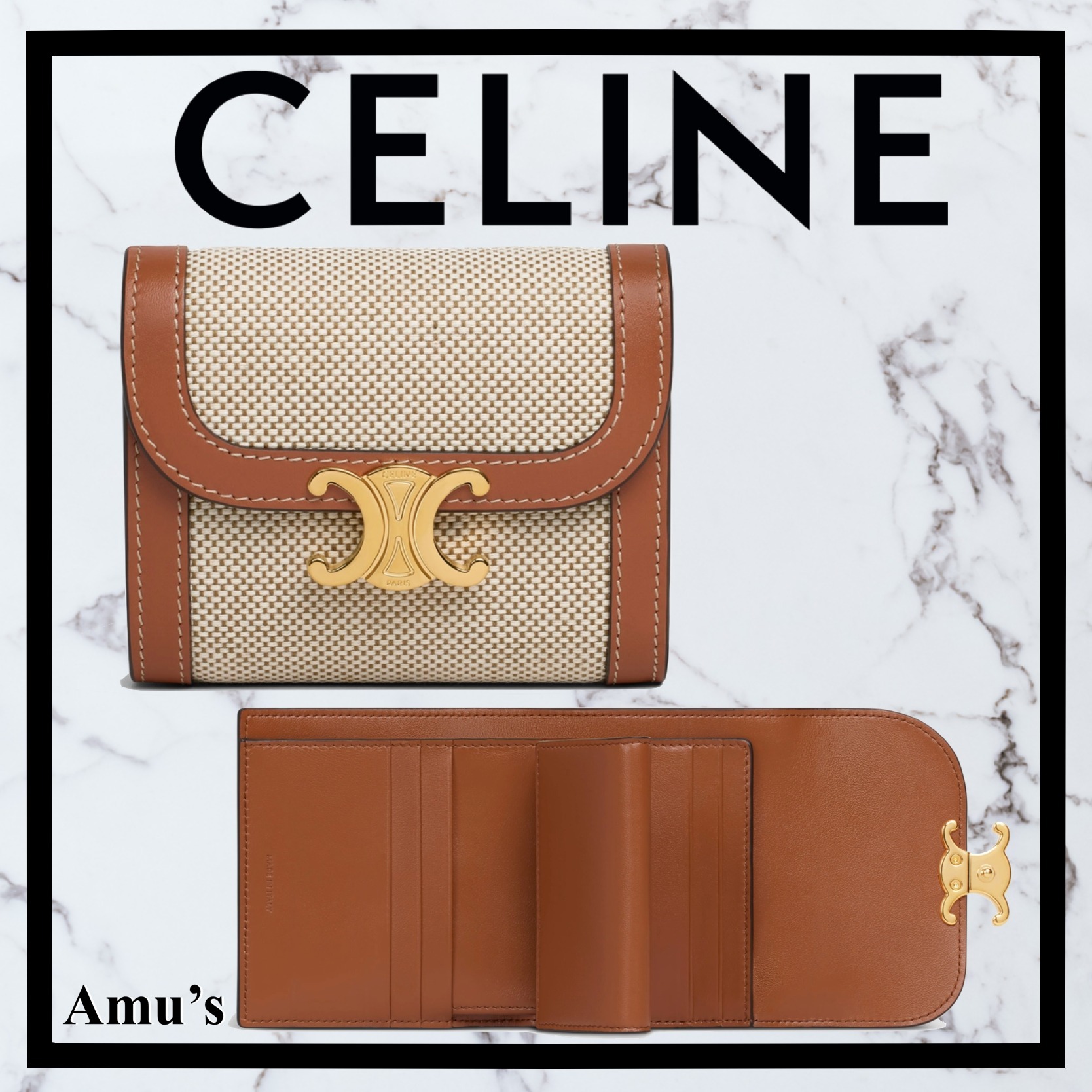【CELINE 】セリーヌ 凱旋門 ゴールドバックル 二つ折り キャンバス レザー 財布 レディーススモールウォレット トリオンフ / テキスタイル＆カーフスキンナチュラル / タン