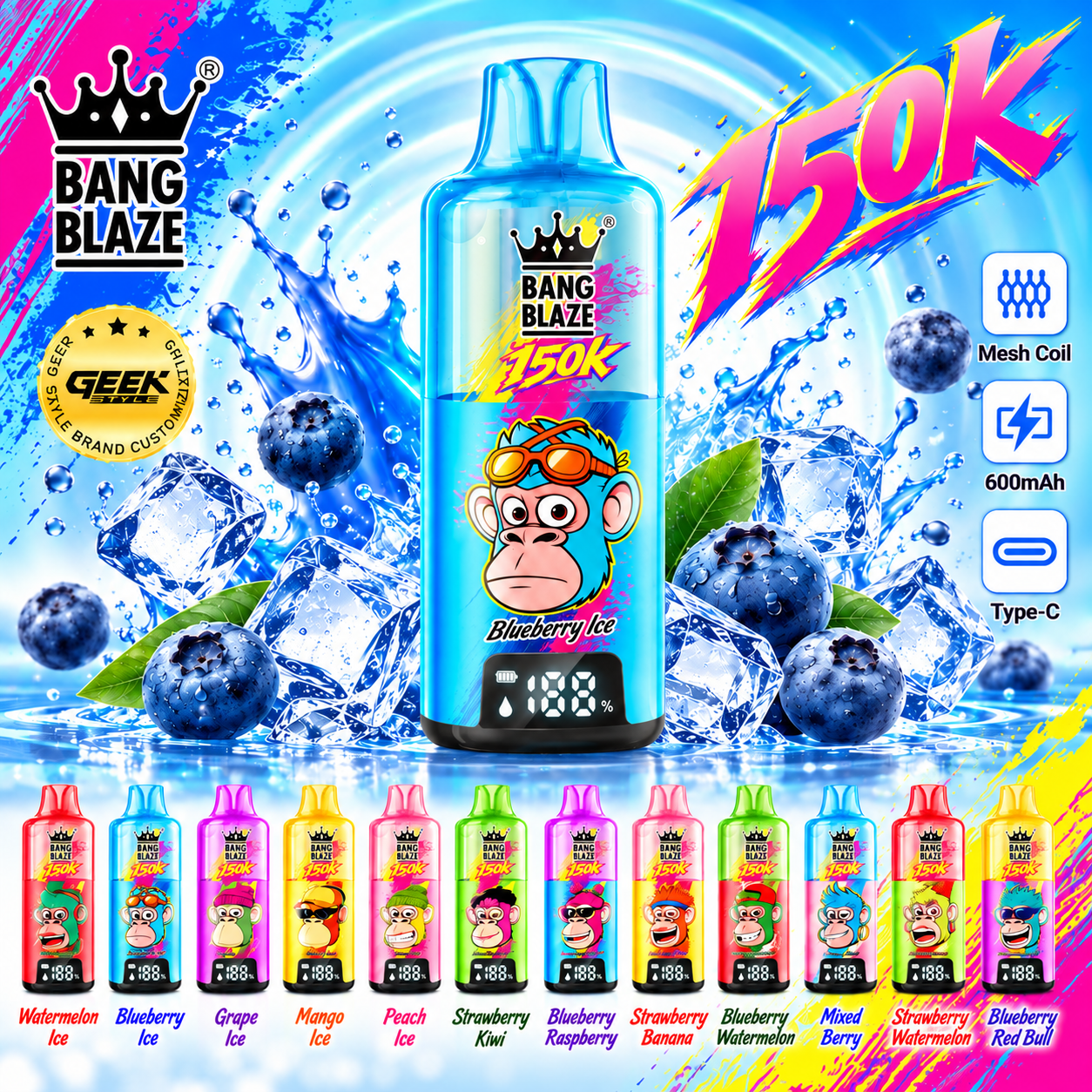 BANG BLAZE 150K｜最大150,000パフ・クリアタンク＆デジタル画面搭載の充電式使い捨てVAPE