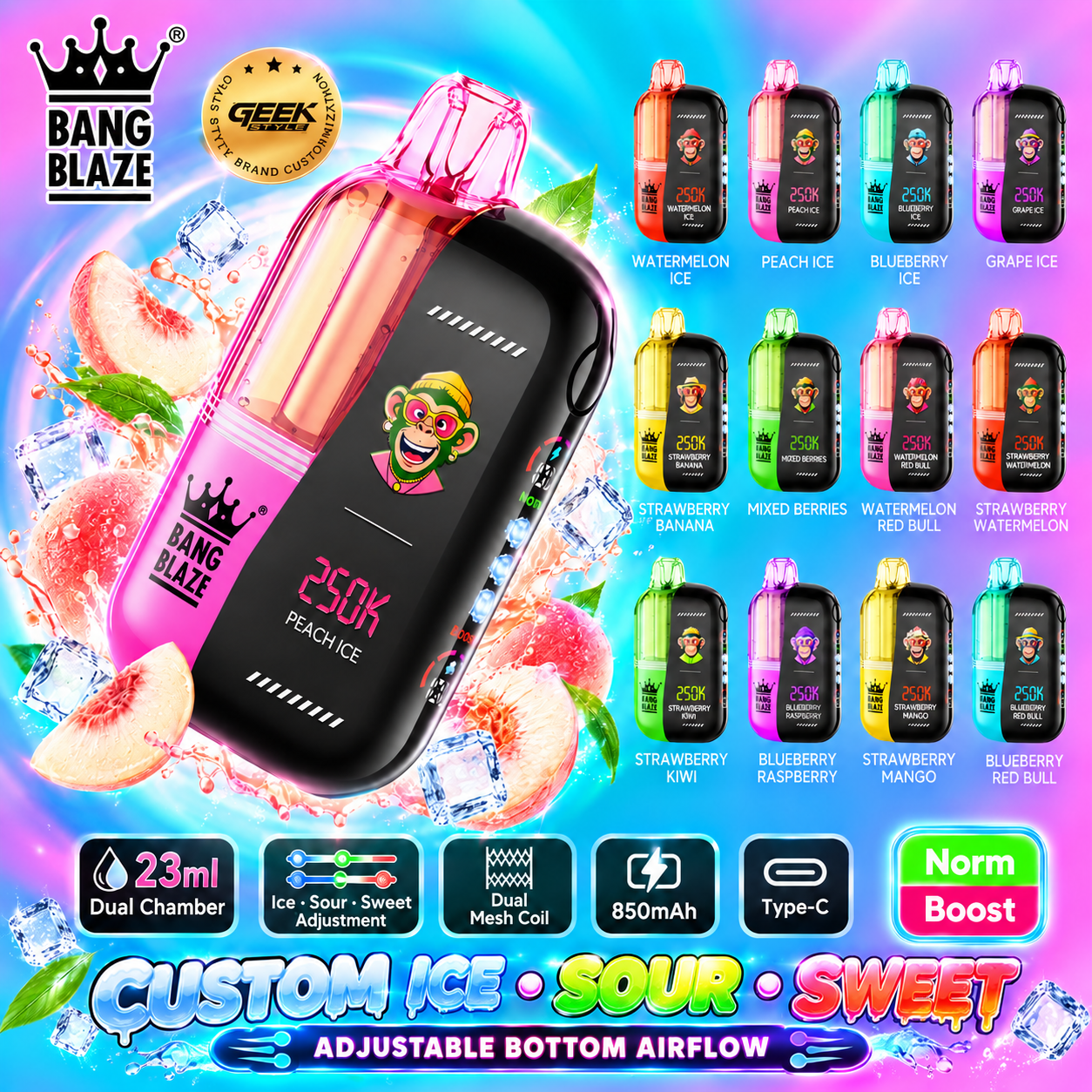 Bang Blaze 250K 使い捨て電子タバコ｜23mlデュアルチャンバー・清涼感／酸味／甘味調整機能搭載