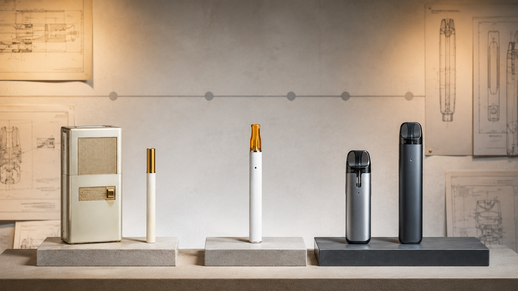 1960年代の先駆的装置から現代のVAPEまでの進化を表した歴史イメージ