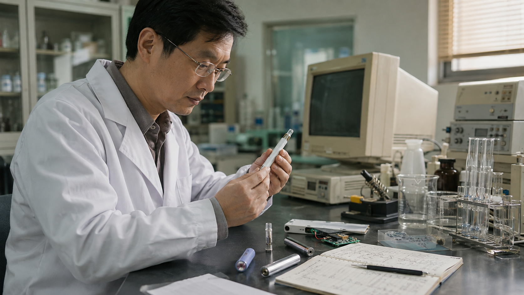 2003年前後の現代型電子タバコ開発を表現した研究室の再現イメージ