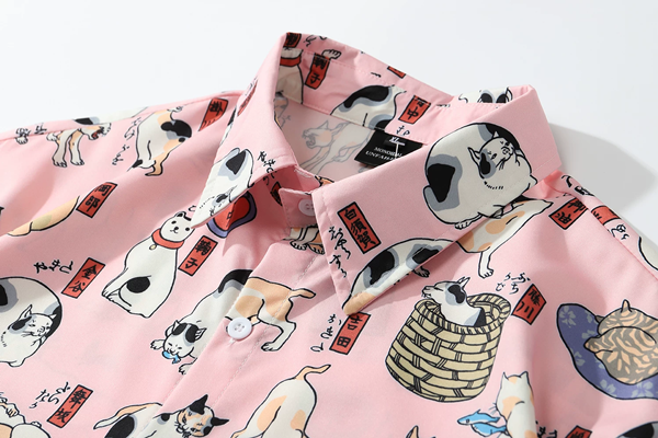 可愛い猫プリント総柄アロハシャツ