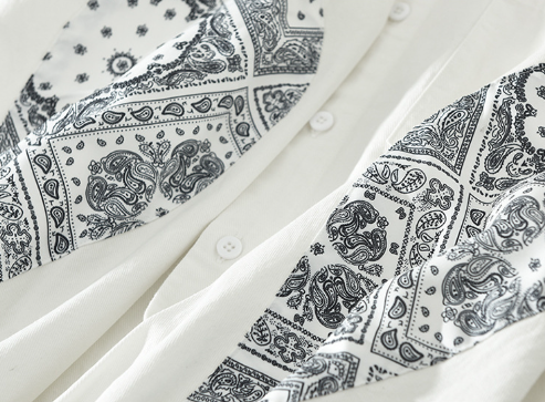 肘ペイズリー柄切替えパッチワーク長袖シャツ