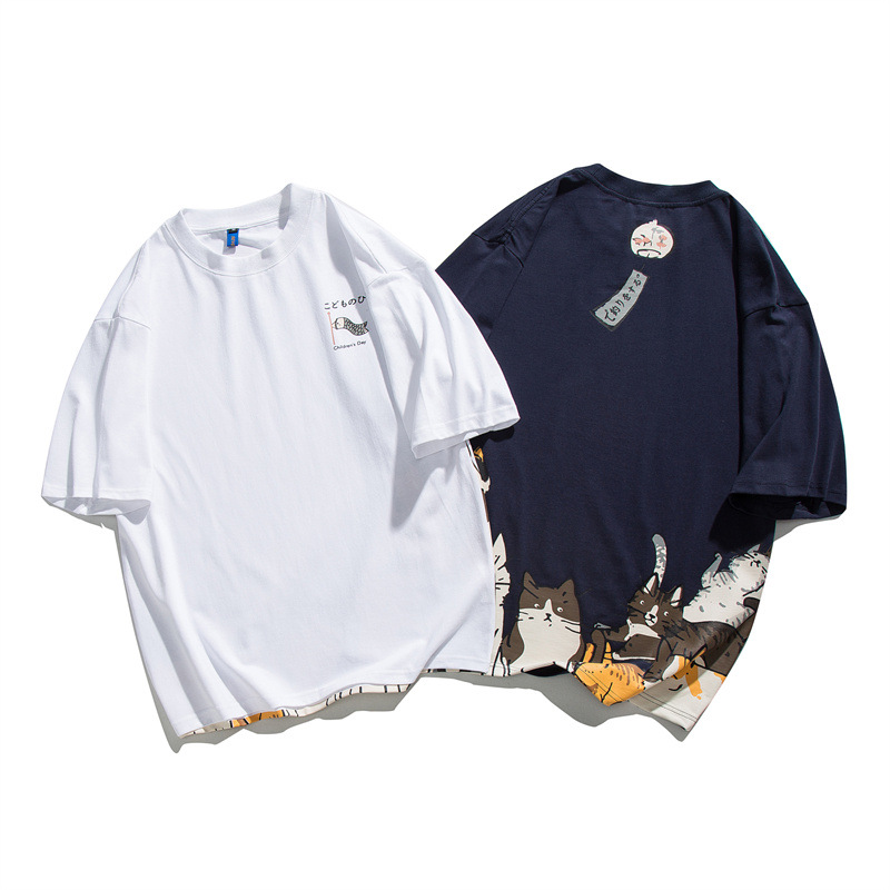 アシンメトリー猫プリント半袖Ｔシャツ2色