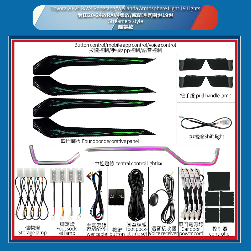RNGCAR is a dedicated ambient light replacement trim panel with flowing ribbon phantom colors, suitable for the 2020-2023 5th/5.5 generation RAV4.