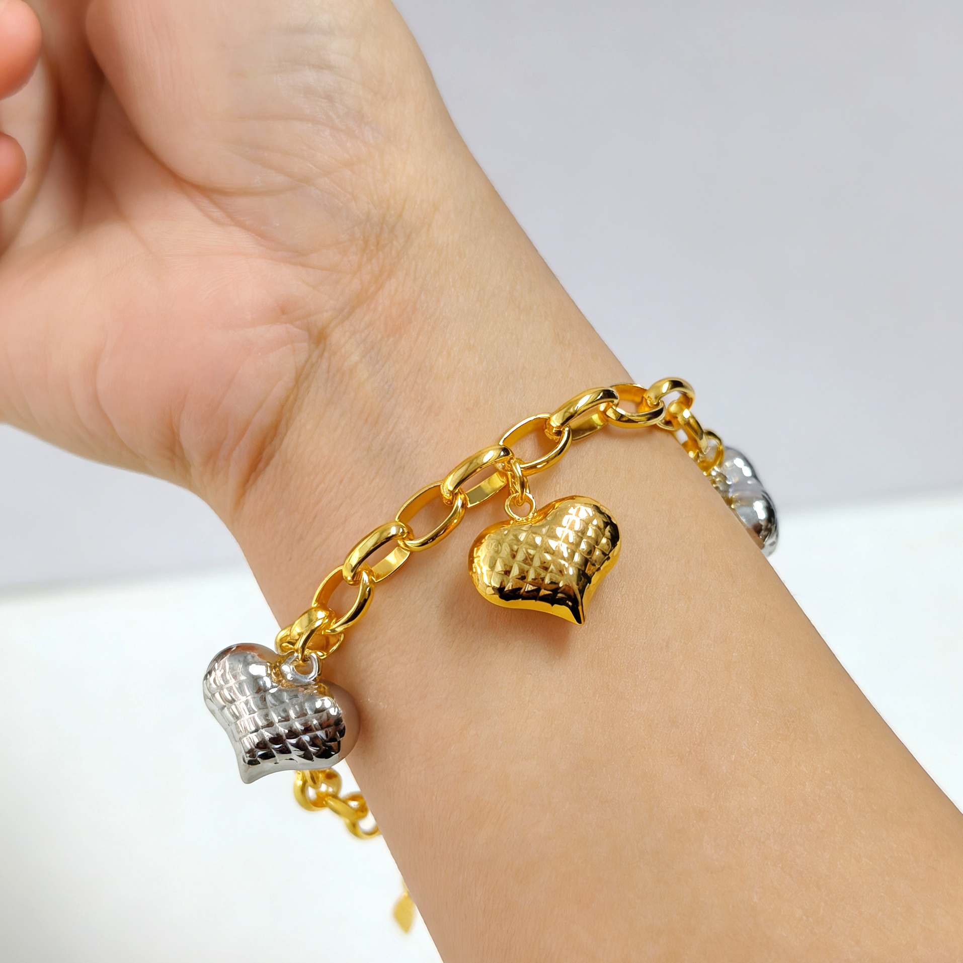 24k Gold-plated Copper Heart-Shaped Two-Tone Bracelet