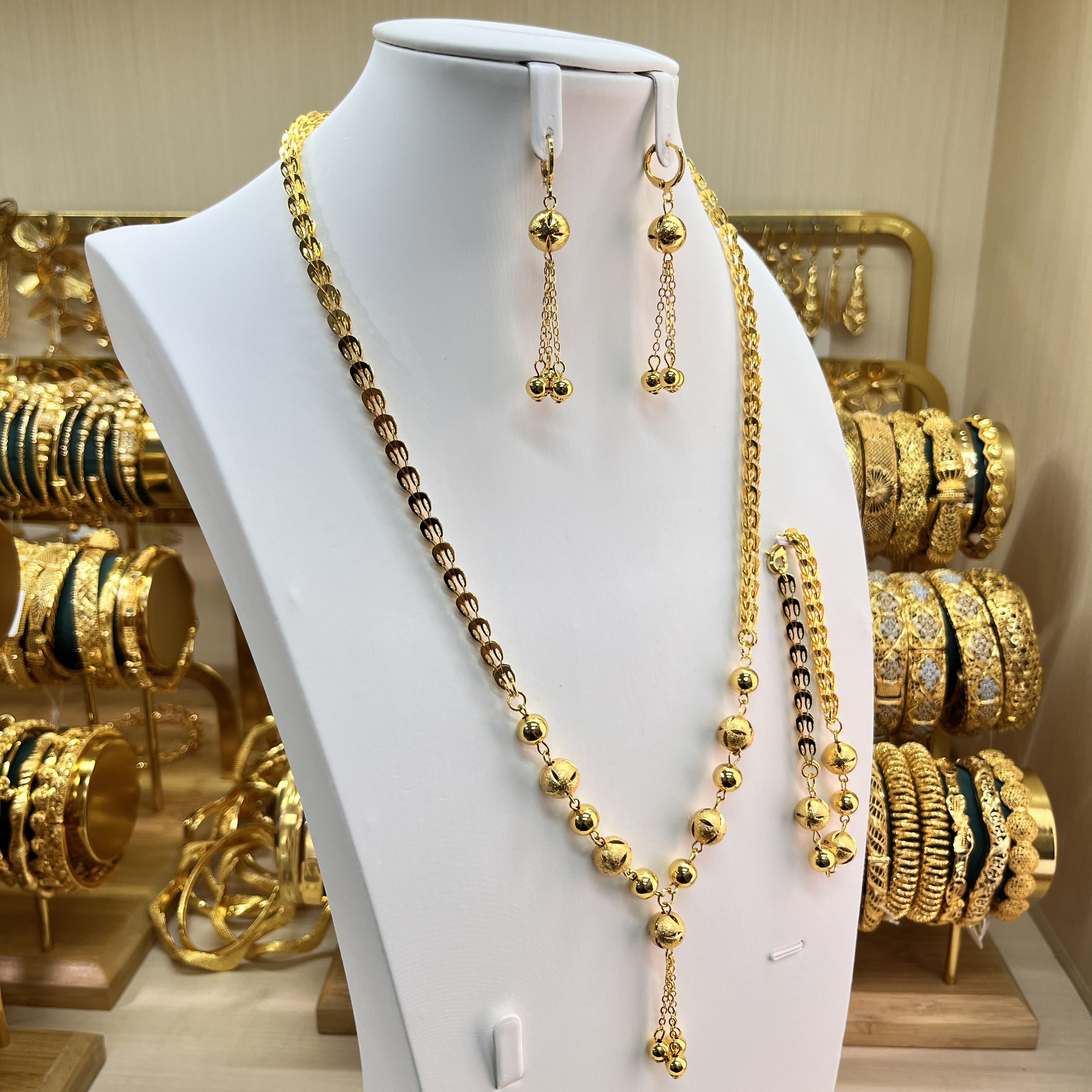 3-piece Set: Earrings, Necklace, and Bracelet; Made of Copper with a 24K Gold-plated Finish, women's style-01