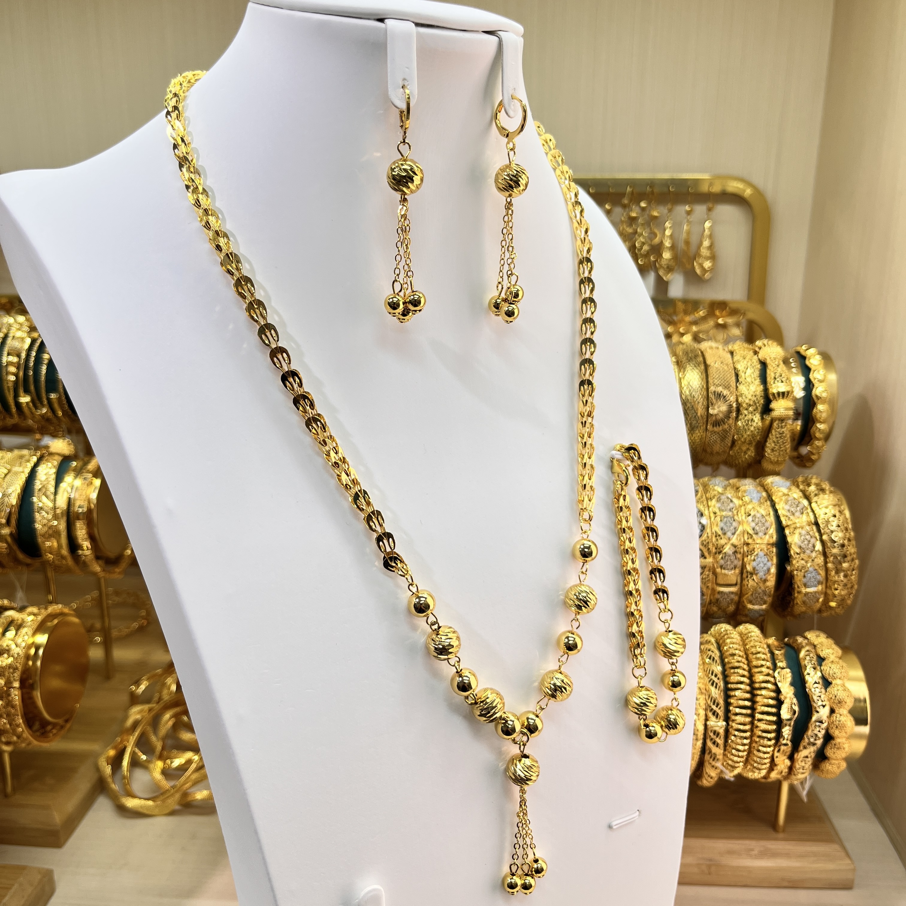 3-piece Set: Earrings, Necklace, and Bracelet; Made of Copper with a 24K Gold-plated Finish, women's style