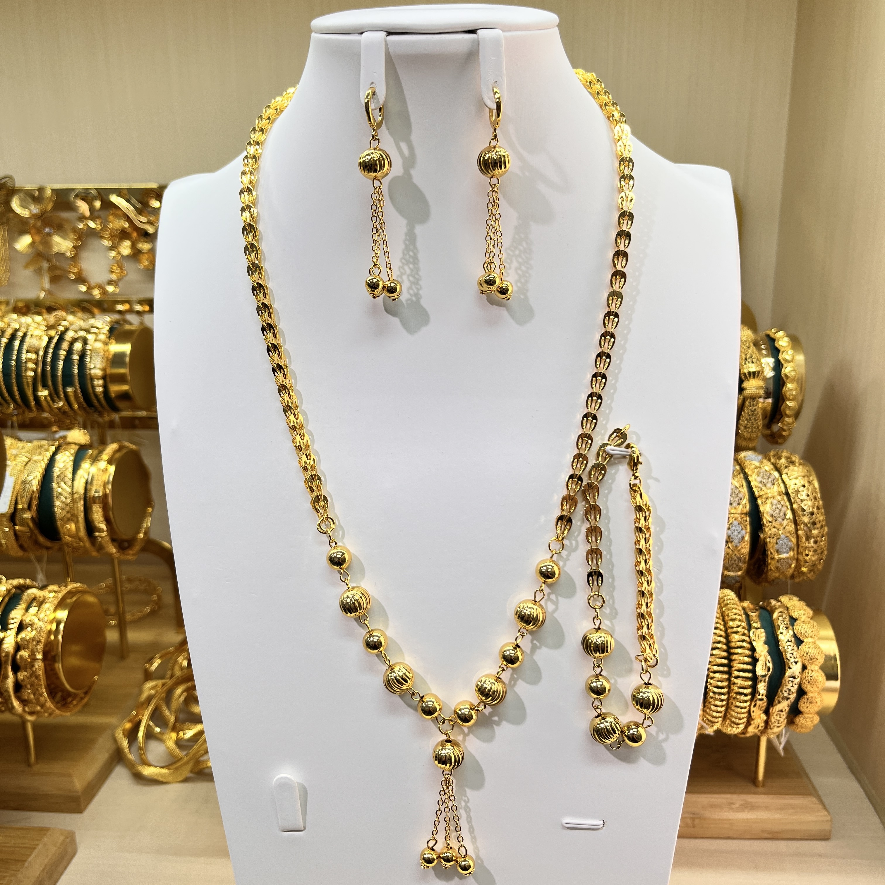3-piece Set: Earrings, Necklace, and Bracelet; Made of Copper with a 24K Gold-plated Finish, women's style-02