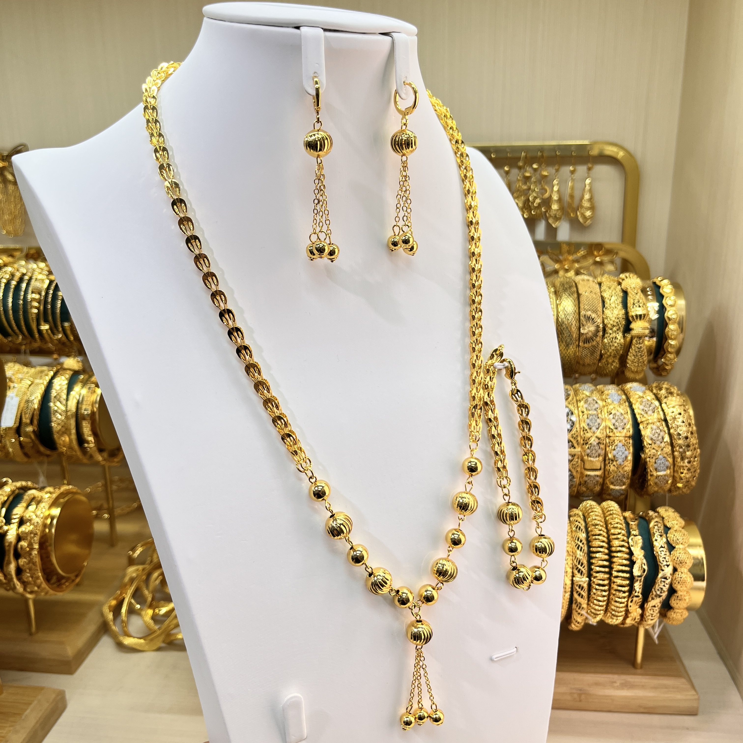 3-piece Set: Earrings, Necklace, and Bracelet; Made of Copper with a 24K Gold-plated Finish, women's style-02