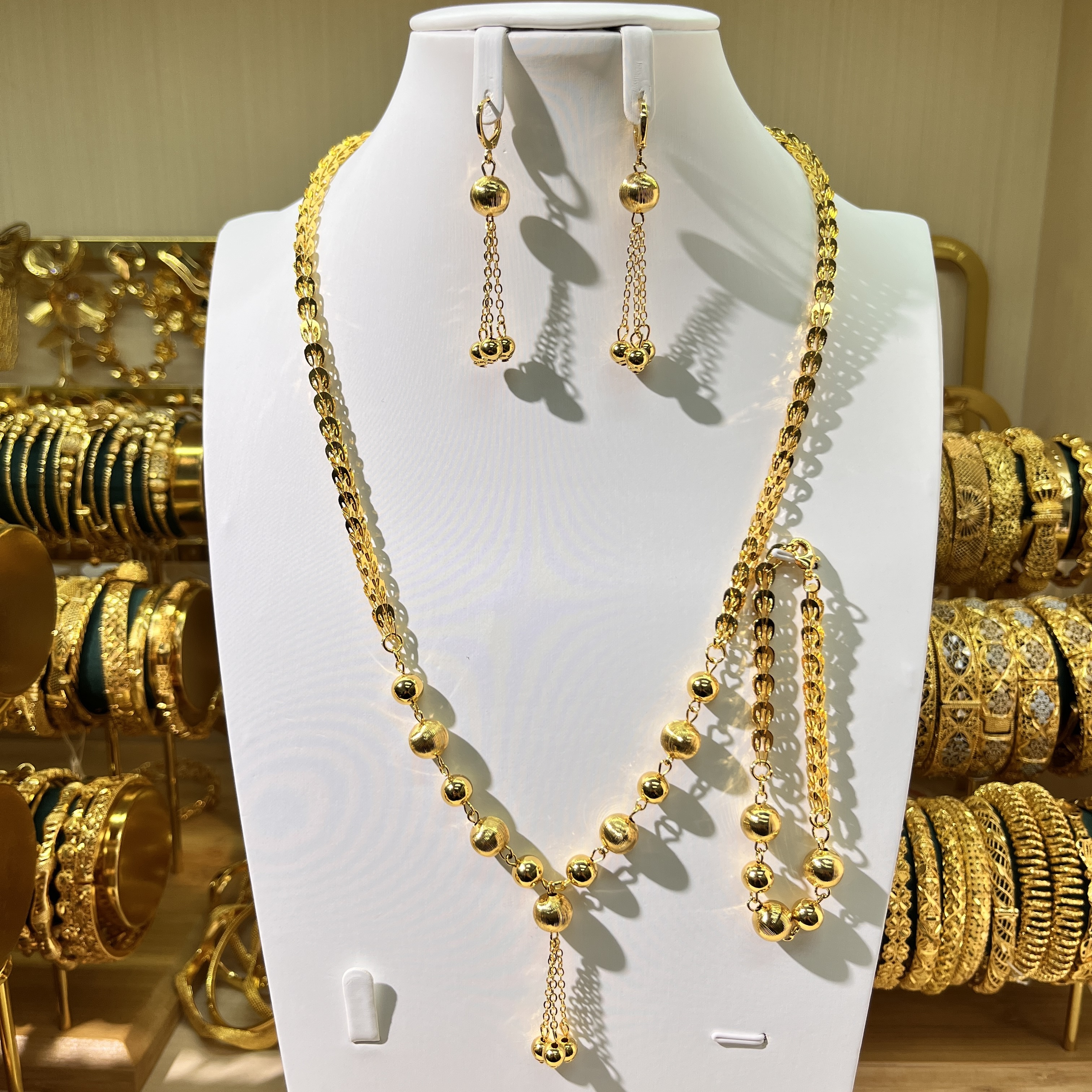 3-piece Set: Earrings, Necklace, and Bracelet; Made of Copper with a 24K Gold-plated Finish, women's style-03