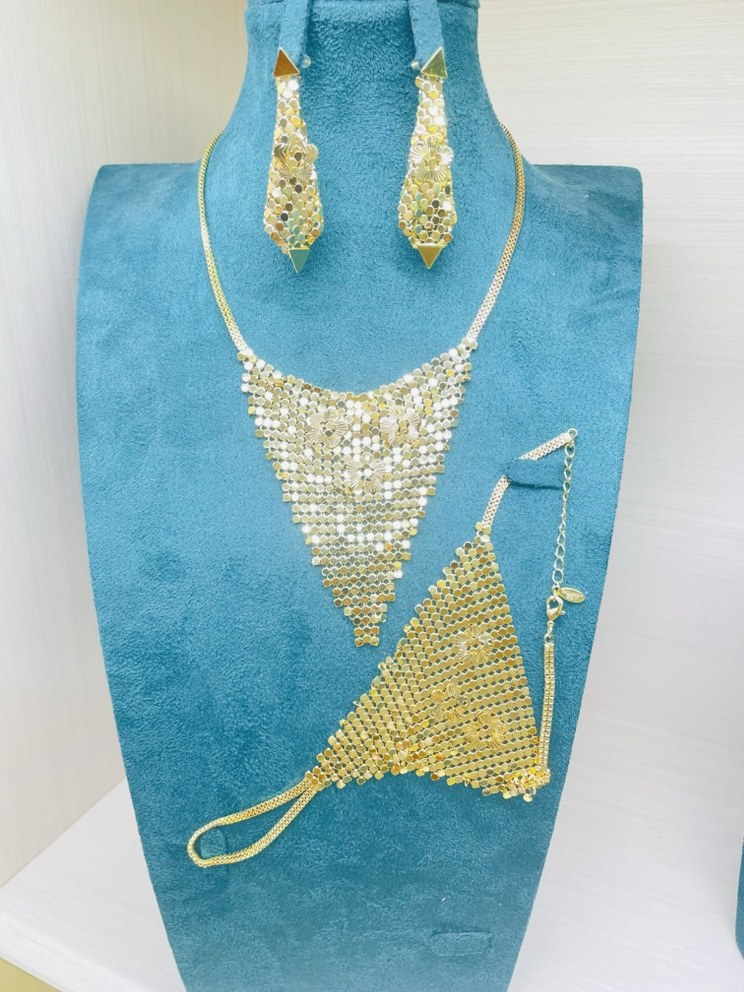 3-piece Set: Earrings, Necklace, and Wrist Chain; Made of Copper with a 24K Gold-plated Finish, women's style-07380ch-01