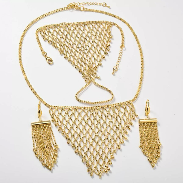 3-piece Set: Earrings, Necklace, and Wrist Chain; Made of Copper with a 24K Color Gold-plated Finish, women's style-07380ch-02