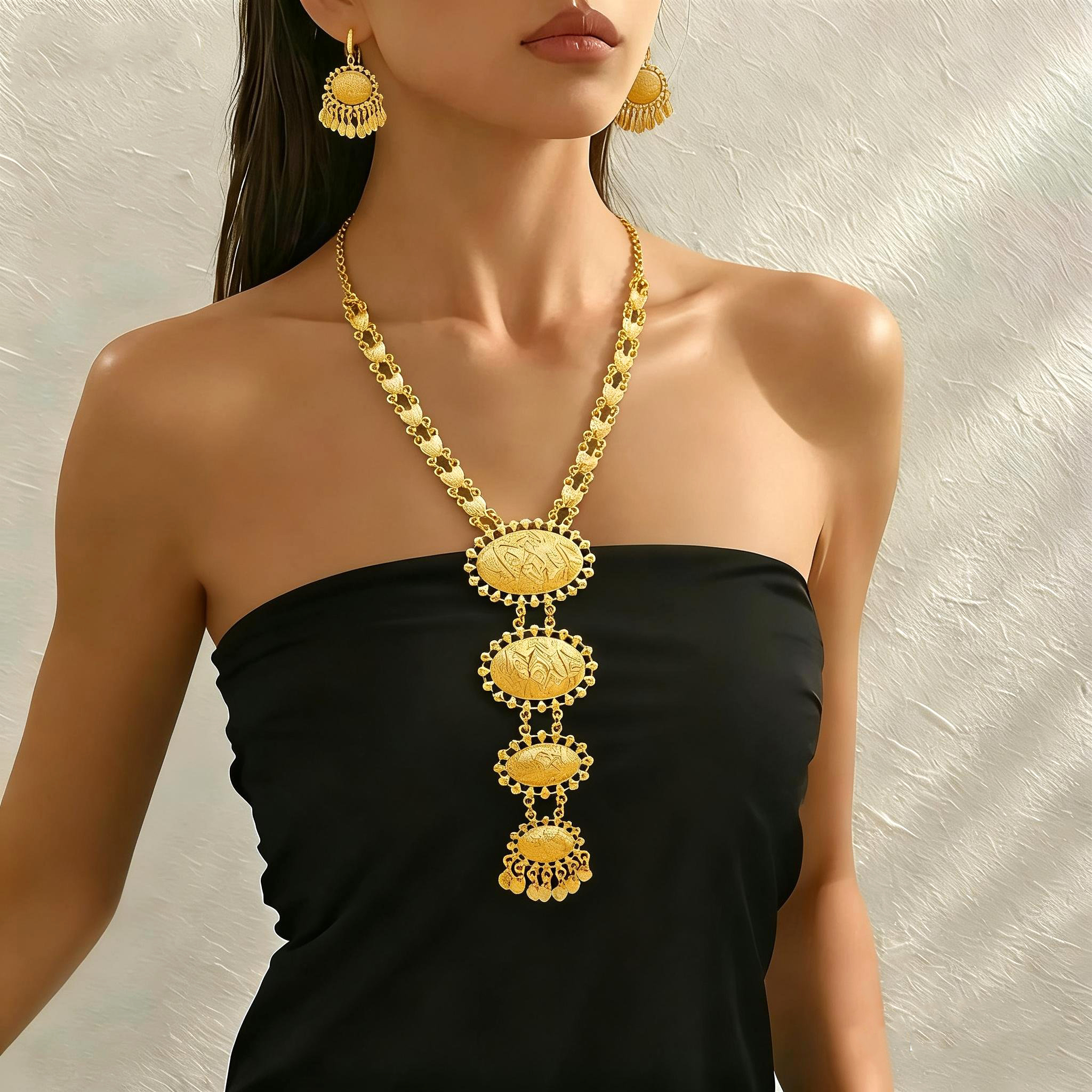 2-Piece Earring and Necklace Set, Alloy with 24K Gold Plating for Women