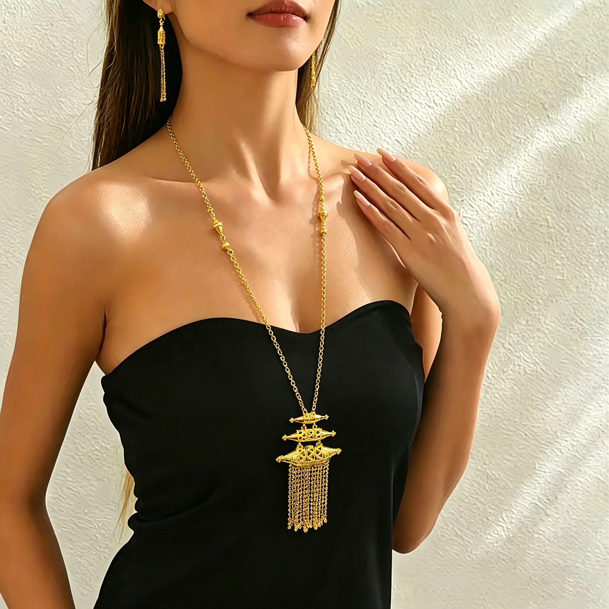2-Piece Earring and Necklace Set, Alloy with 24K Gold Plating