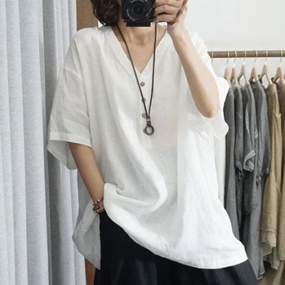 カジュアル万能リネンコットン半袖Tシャツ レディース