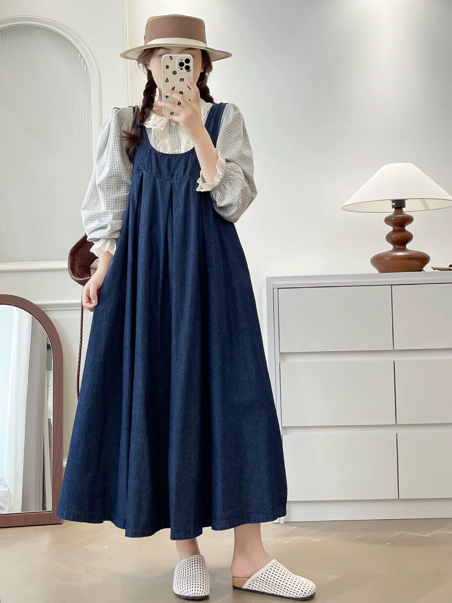 日本風ゆったりデニムベストワンピース