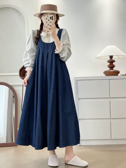 日本風ゆったりデニムベストワンピース