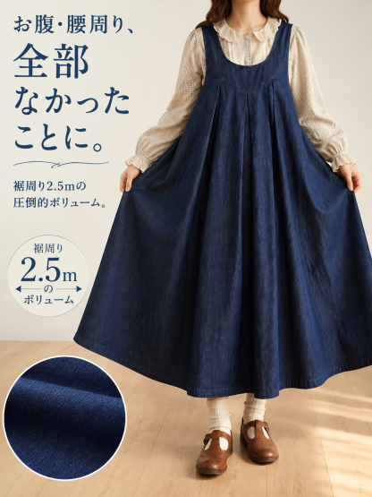 日本風ゆったりデニムベストワンピース