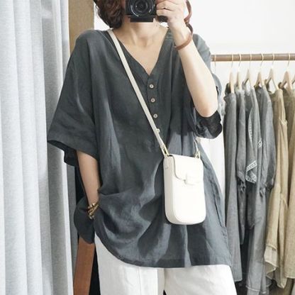 カジュアル万能リネンコットン半袖Tシャツ レディース