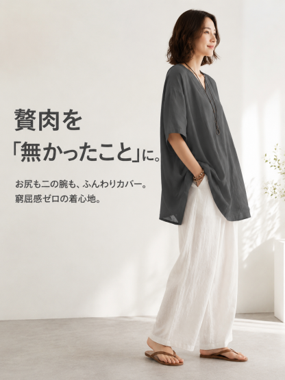 カジュアル万能リネンコットン半袖Tシャツ レディース