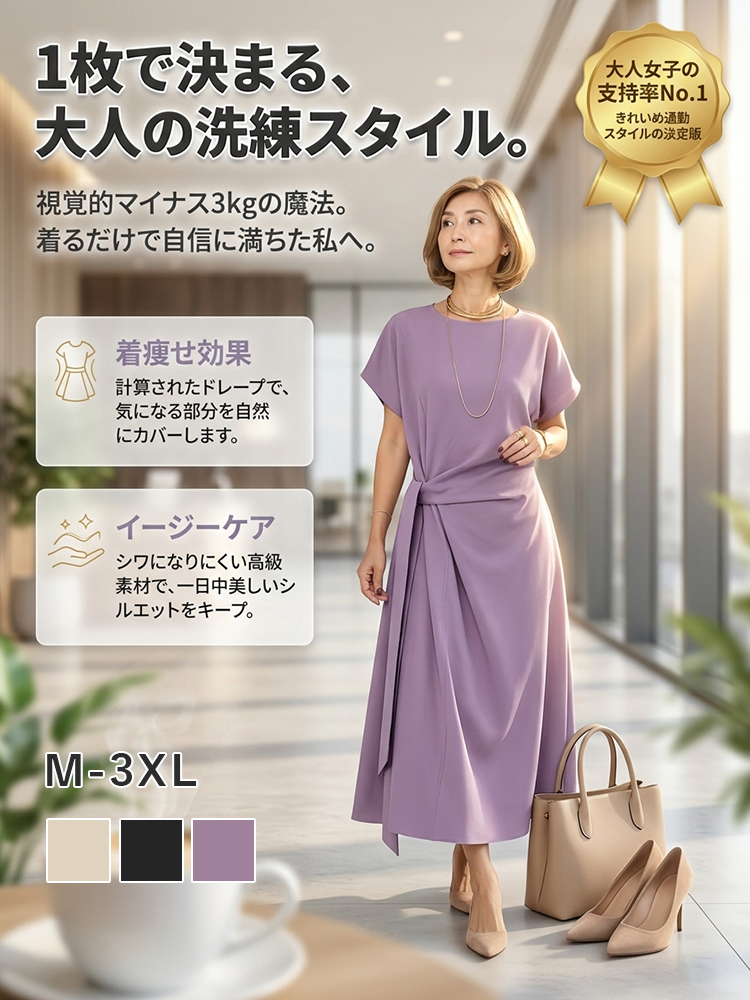 ヘップバーン風ウエスト絞りリボン付きフレンチスリーブワンピース
