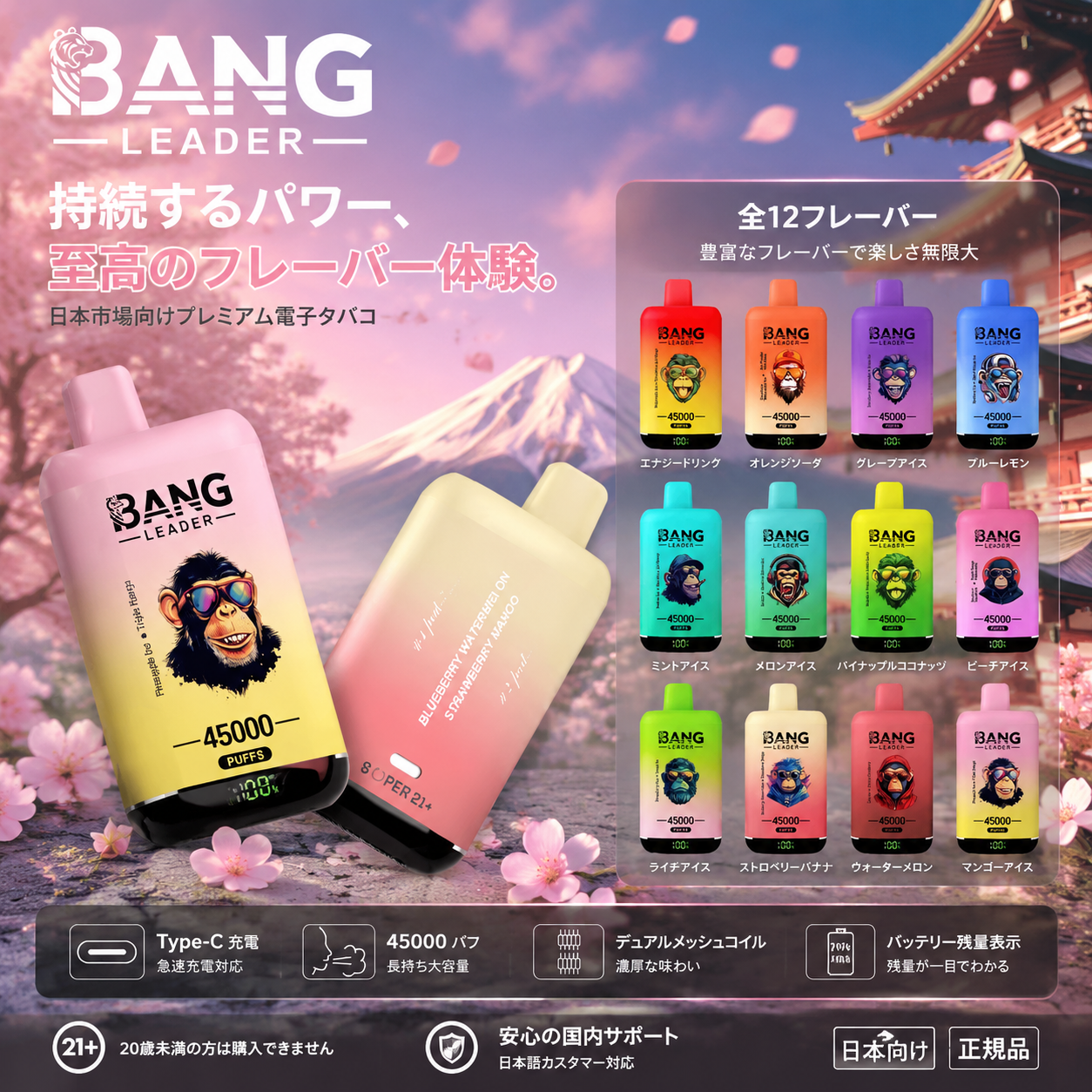 Bang Leader 45000｜45,000回吸引・2フレーバー切替 使い捨て電子タバコ