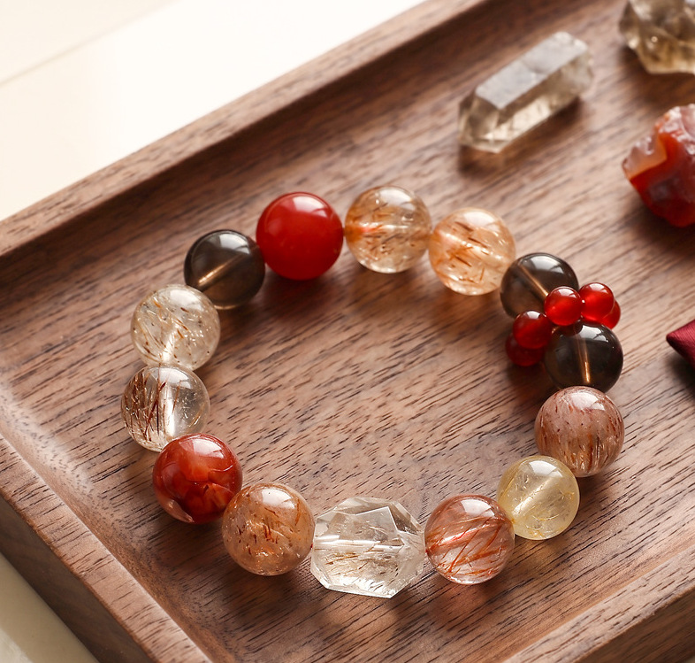 14mm Multi Stone Rutilated Quartz Bracelet Red Agate Super Seven Wealth Lucky Feng Shui Bracelet For Men Women Gift