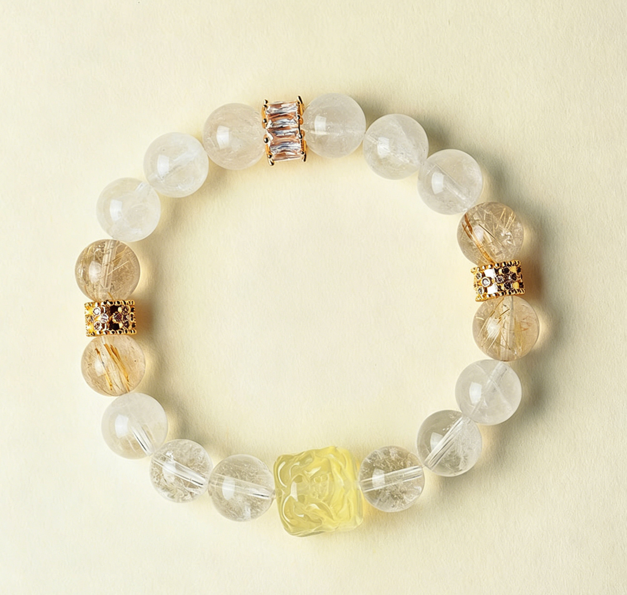 Phoenix Peony Carved Citrine Bracelet with Rutilated Quartz & White Phantom Quartz