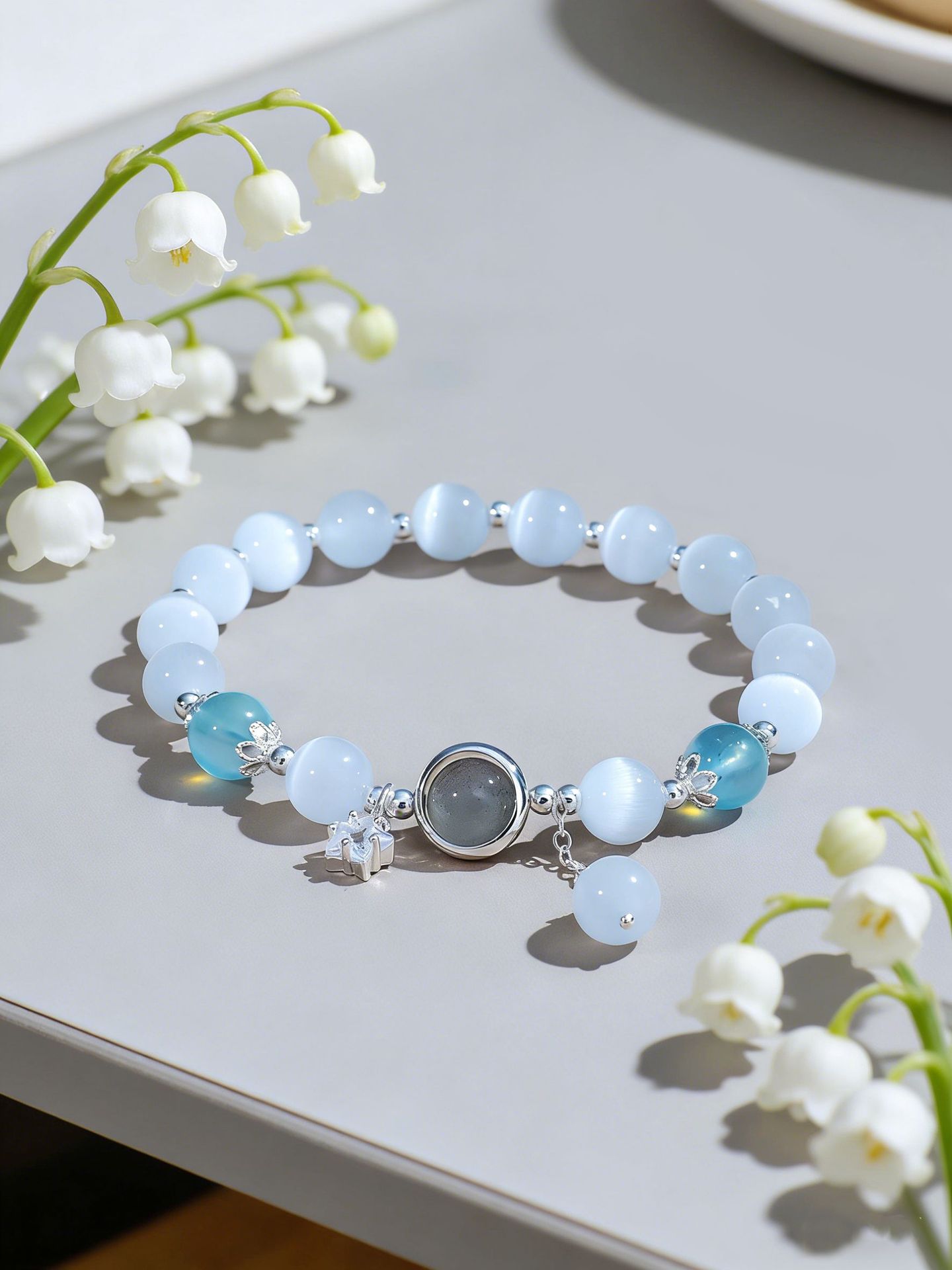Lover Stone Moonstone Bracelet With Aquamarine Stress Relief Positive Energy Bracelet For Daily Wear