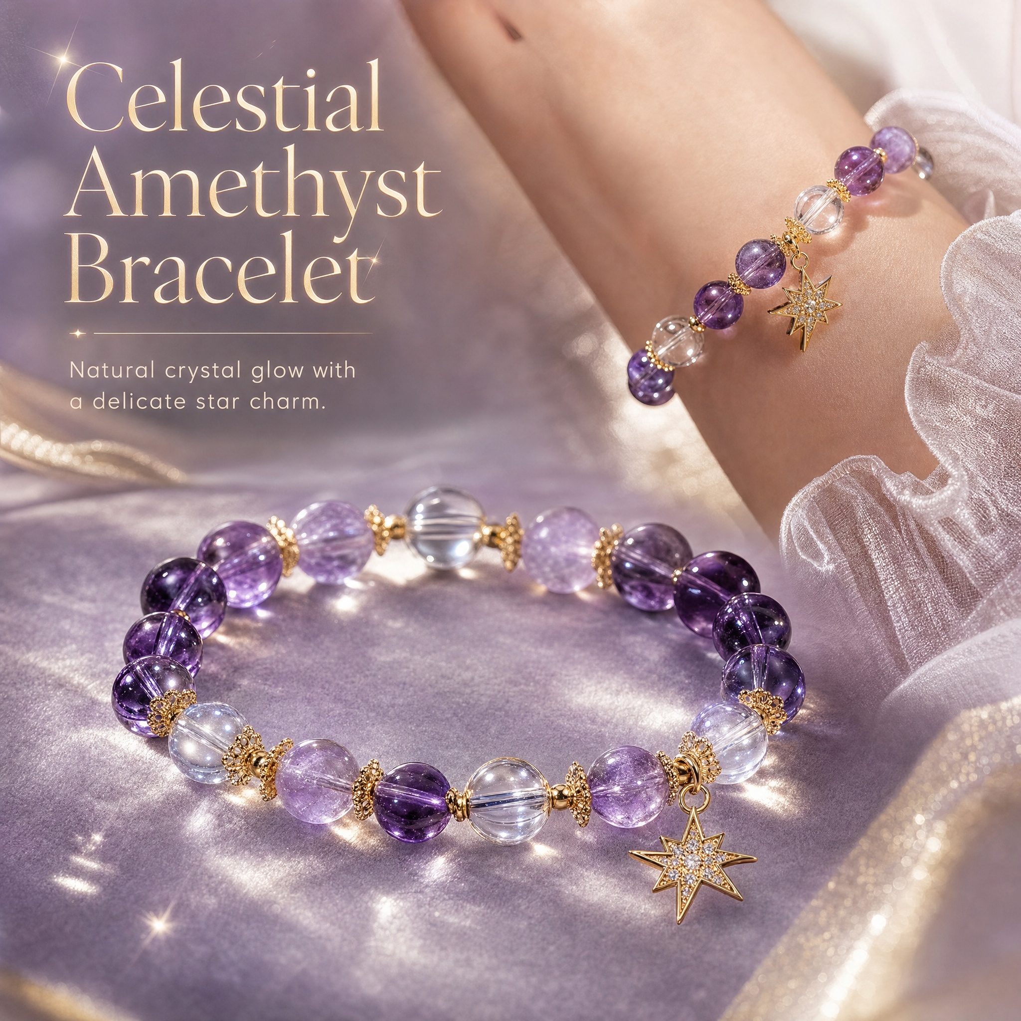 10mm Natural Amethyst Bracelet with Zircon Star Charm Lucky Healing Feng Shui Crystal Jewelry For Women Gift
