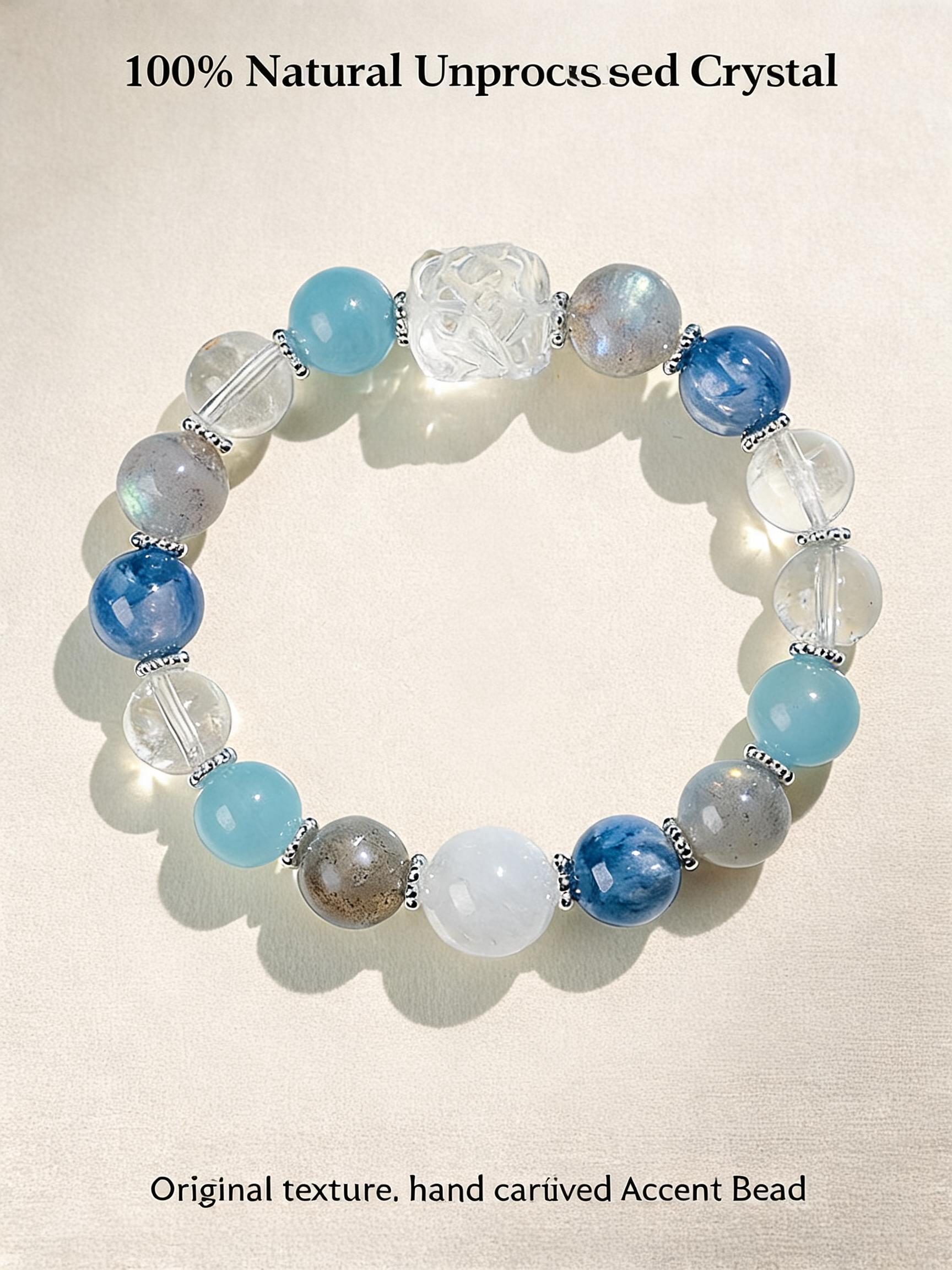 Feng Shui Prosperity Multi-Stone Crystal Bracelet | Natural Aquamarine Moonstone Blue Kyanite Clear Quartz Bracelet
